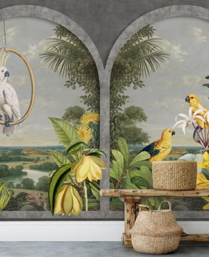 cacatua e pássaros amarelos tropicais pela janela no papel de parede do país tropical