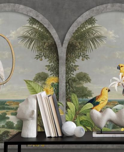 cockatoo and tropical yellow birds by window in tropical country wallpaper