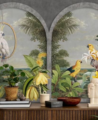 cacatúa y pájaros amarillos tropicales por ventana en papel tapiz tropical