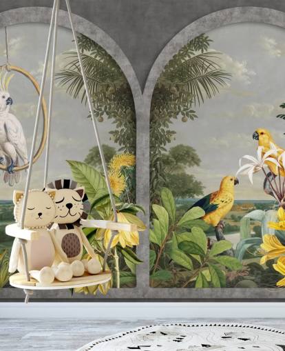 cacatua e pássaros amarelos tropicais pela janela no papel de parede do país tropical