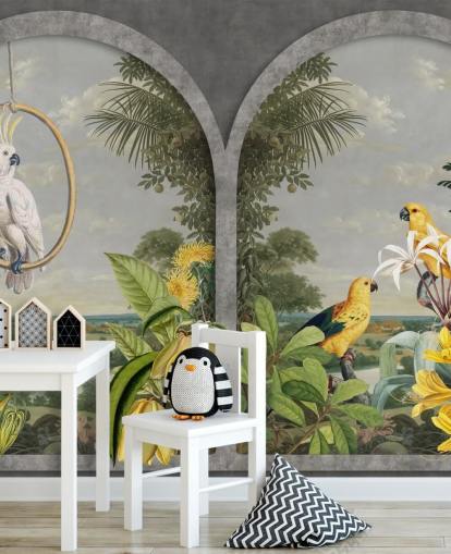 cockatoo and tropical yellow birds by window in tropical country wallpaper