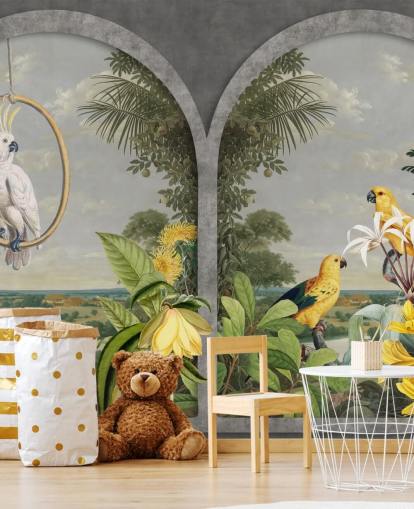 cockatoo and tropical yellow birds by window in tropical country wallpaper