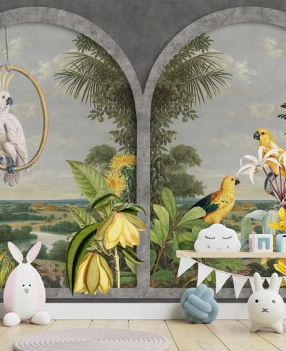 cacatua e uccelli gialli tropicali dalla finestra nella carta da parati del paese tropicale