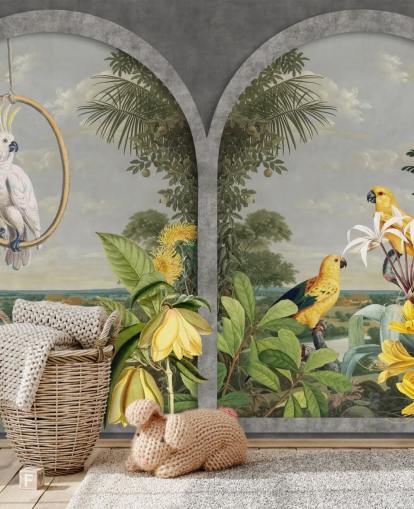 Kakadu und tropische gelbe Vögel am Fenster in tropischem Land Tapete Kakadu und tropische gelbe Vögel am Fenster in tropischem Land Tapete