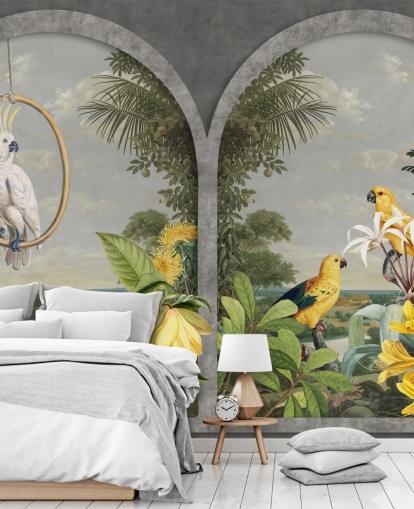 cockatoo and tropical yellow birds by window in tropical country wallpaper