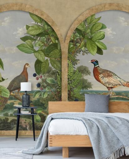 Fasan und Pfau saßen am Fenster Vintage-Stil Tapete