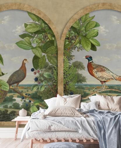 faisão e pavão sentados ao lado da janela papel de parede estilo vintage