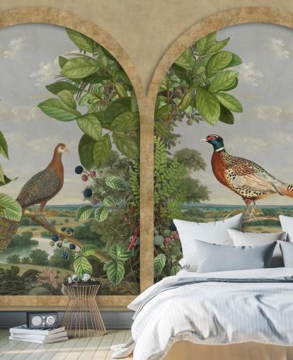 pheasant and peacock sat by window vintage style wallpaper