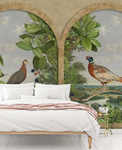 pheasant and peacock sat by window vintage style wallpaper pheasant and peacock sat by window vintage style wallpaper