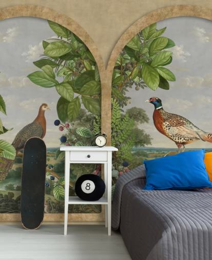 faisán y pavo real sentados junto a la ventana fondo de pantalla de estilo vintage