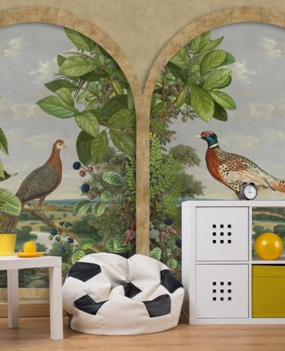 Fasan und Pfau saßen am Fenster Vintage-Stil Tapete Fasan und Pfau saßen am Fenster Vintage-Stil Tapete