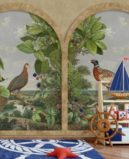 faisão e pavão sentados ao lado da janela papel de parede estilo vintage