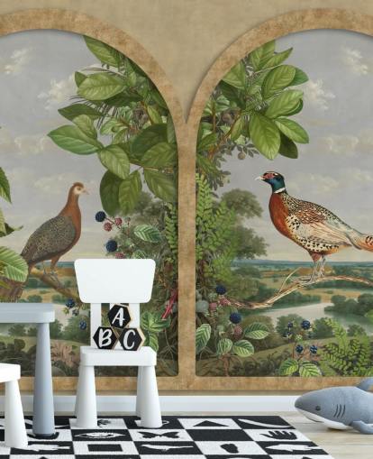 pheasant and peacock sat by window vintage style wallpaper