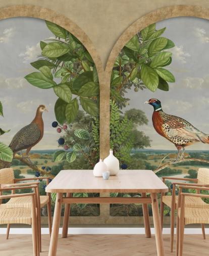 pheasant and peacock sat by window vintage style wallpaper pheasant and peacock sat by window vintage style wallpaper