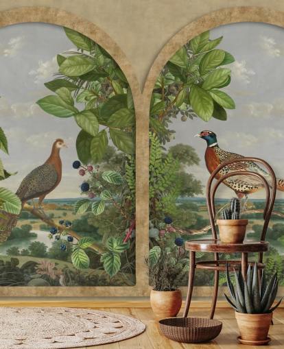Fasan und Pfau saßen am Fenster Vintage-Stil Tapete