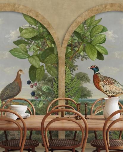 faisán y pavo real sentados junto a la ventana fondo de pantalla de estilo vintage