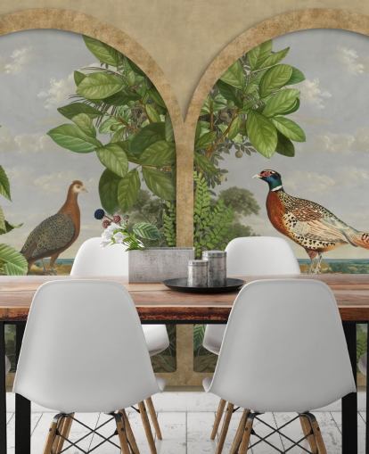 faisán y pavo real sentados junto a la ventana fondo de pantalla de estilo vintage