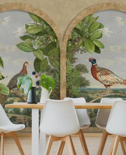pheasant and peacock sat by window vintage style wallpaper
