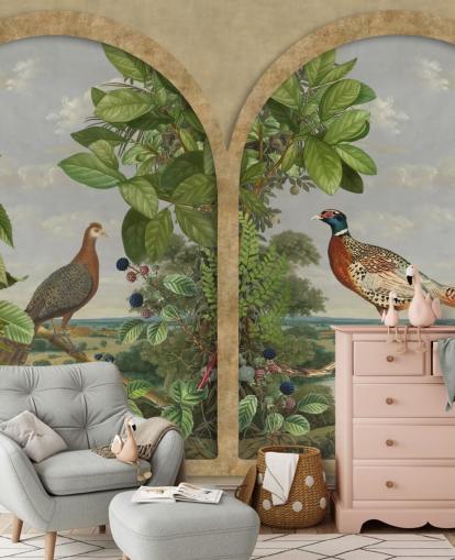 Fasan und Pfau saßen am Fenster Vintage-Stil Tapete Fasan und Pfau saßen am Fenster Vintage-Stil Tapete