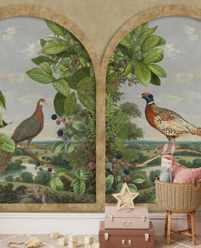 pheasant and peacock sat by window vintage style wallpaper pheasant and peacock sat by window vintage style wallpaper