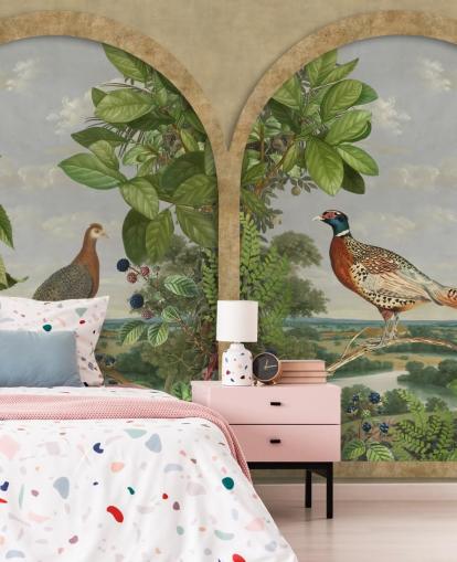 pheasant and peacock sat by window vintage style wallpaper