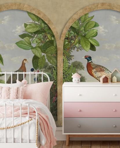 pheasant and peacock sat by window vintage style wallpaper