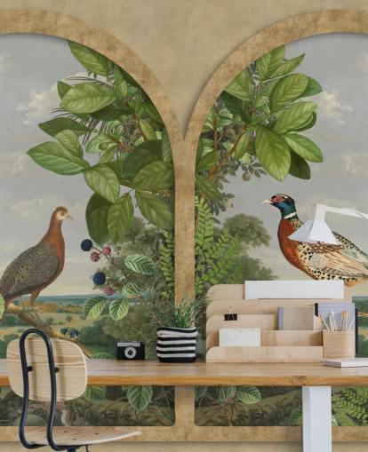 faisán y pavo real sentados junto a la ventana fondo de pantalla de estilo vintage