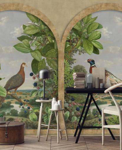 faisão e pavão sentados ao lado da janela papel de parede estilo vintage