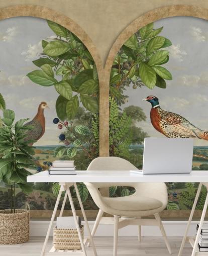 faisán y pavo real sentados junto a la ventana fondo de pantalla de estilo vintage