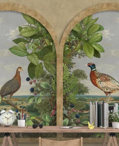 pheasant and peacock sat by window vintage style wallpaper