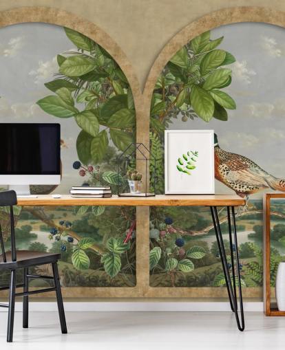 faisán y pavo real sentados junto a la ventana fondo de pantalla de estilo vintage