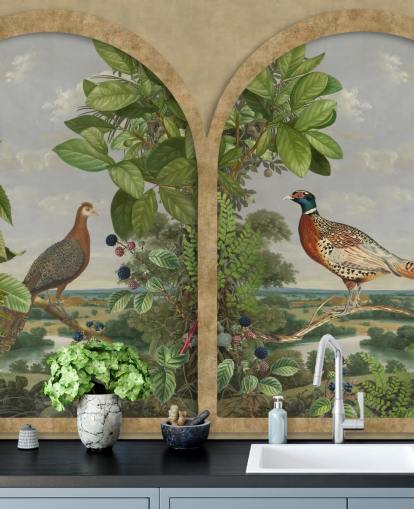 carta da parati stile vintage fagiano e pavone seduti dalla finestra