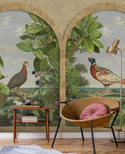 pheasant and peacock sat by window vintage style wallpaper