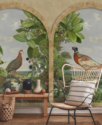 pheasant and peacock sat by window vintage style wallpaper