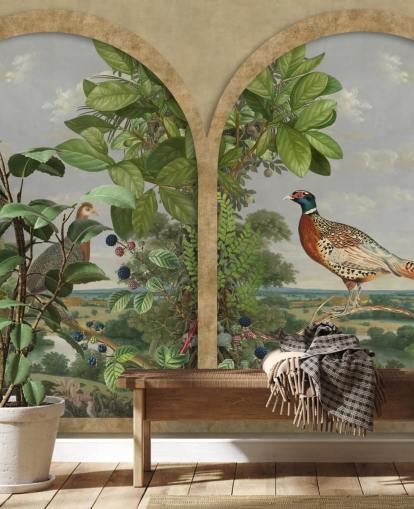 pheasant and peacock sat by window vintage style wallpaper
