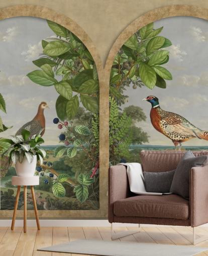 faisão e pavão sentados ao lado da janela papel de parede estilo vintage