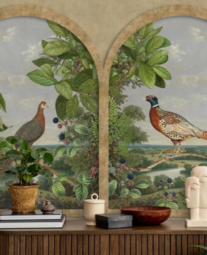 fazant en pauw zat bij raam vintage stijl behang fazant en pauw zat bij raam vintage stijl behang