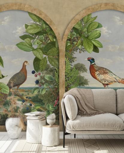 fazant en pauw zat bij raam vintage stijl behang
