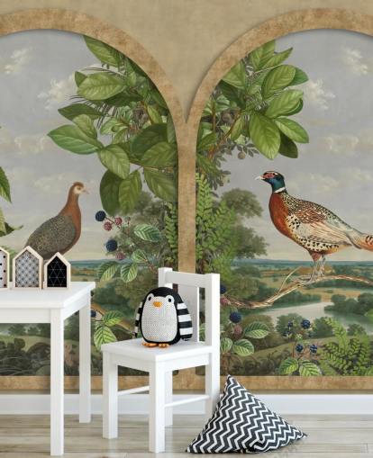 pheasant and peacock sat by window vintage style wallpaper pheasant and peacock sat by window vintage style wallpaper