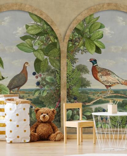 faisão e pavão sentados ao lado da janela papel de parede estilo vintage