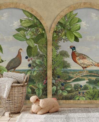 pheasant and peacock sat by window vintage style wallpaper pheasant and peacock sat by window vintage style wallpaper