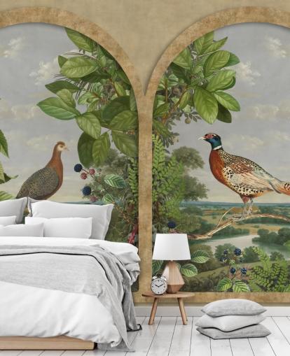 carta da parati stile vintage fagiano e pavone seduti dalla finestra carta da parati stile vintage fagiano e pavone seduti dalla finestra