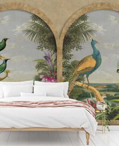 illustreret tropiske fugle ved et vindue i paradis tapet illustreret tropiske fugle ved et vindue i paradis tapet