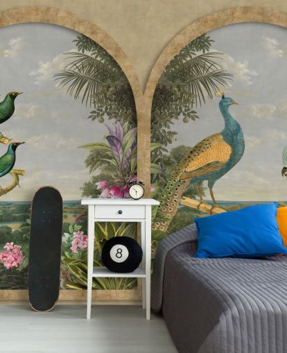 illustrated tropical birds by a window in paradise wallpaper