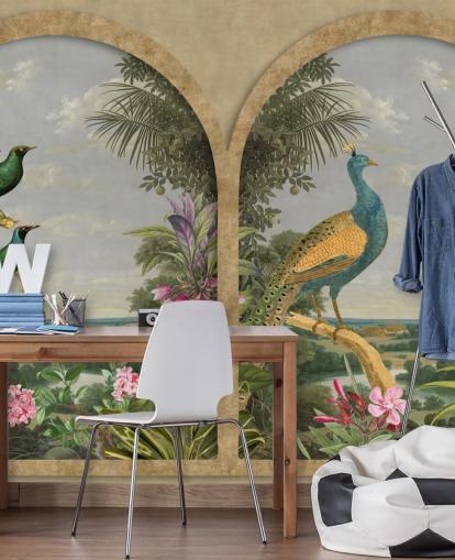 illustrated tropical birds by a window in paradise wallpaper