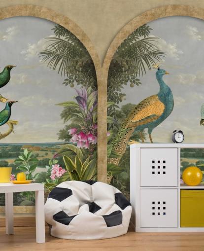 illustrated tropical birds by a window in paradise wallpaper