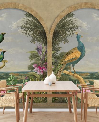 illustrated tropical birds by a window in paradise wallpaper