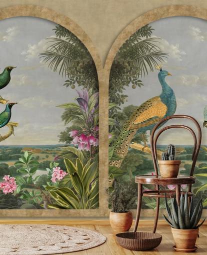 illustrierte tropische Vögel durch ein Fenster im Paradies Tapete illustrierte tropische Vögel durch ein Fenster im Paradies Tapete