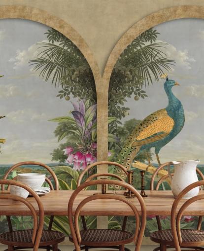 aves tropicales ilustradas junto a una ventana en el paraíso fondo de pantalla