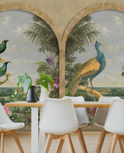 illustrated tropical birds by a window in paradise wallpaper